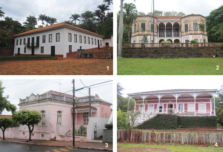 La arquitectura del ciclo del café en el siglo XIX: 1) hacienda Conde do Pinhal, 2) hacienda Santa María do Monjolinho, 3) vivienda patrimonial en el centro histórico de Bocaina y 4) hacienda Mandaguahy. Imágenes: S. Negro, 2014